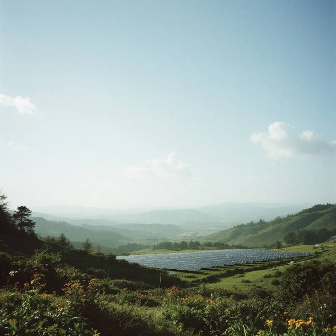 Valle verde con una planta solar junto a un embalse