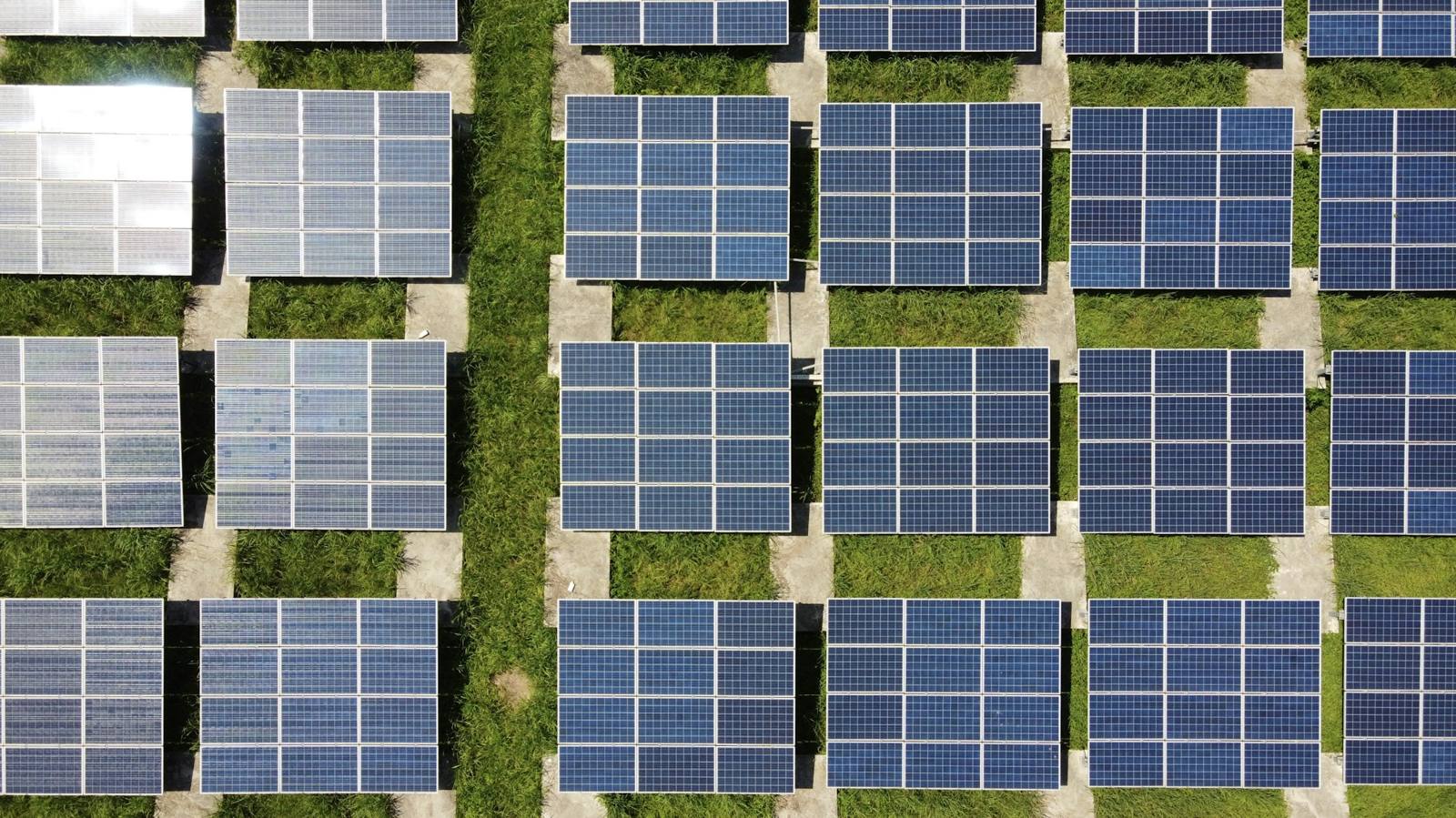 Vista cenital de módulos solares sobre hierba